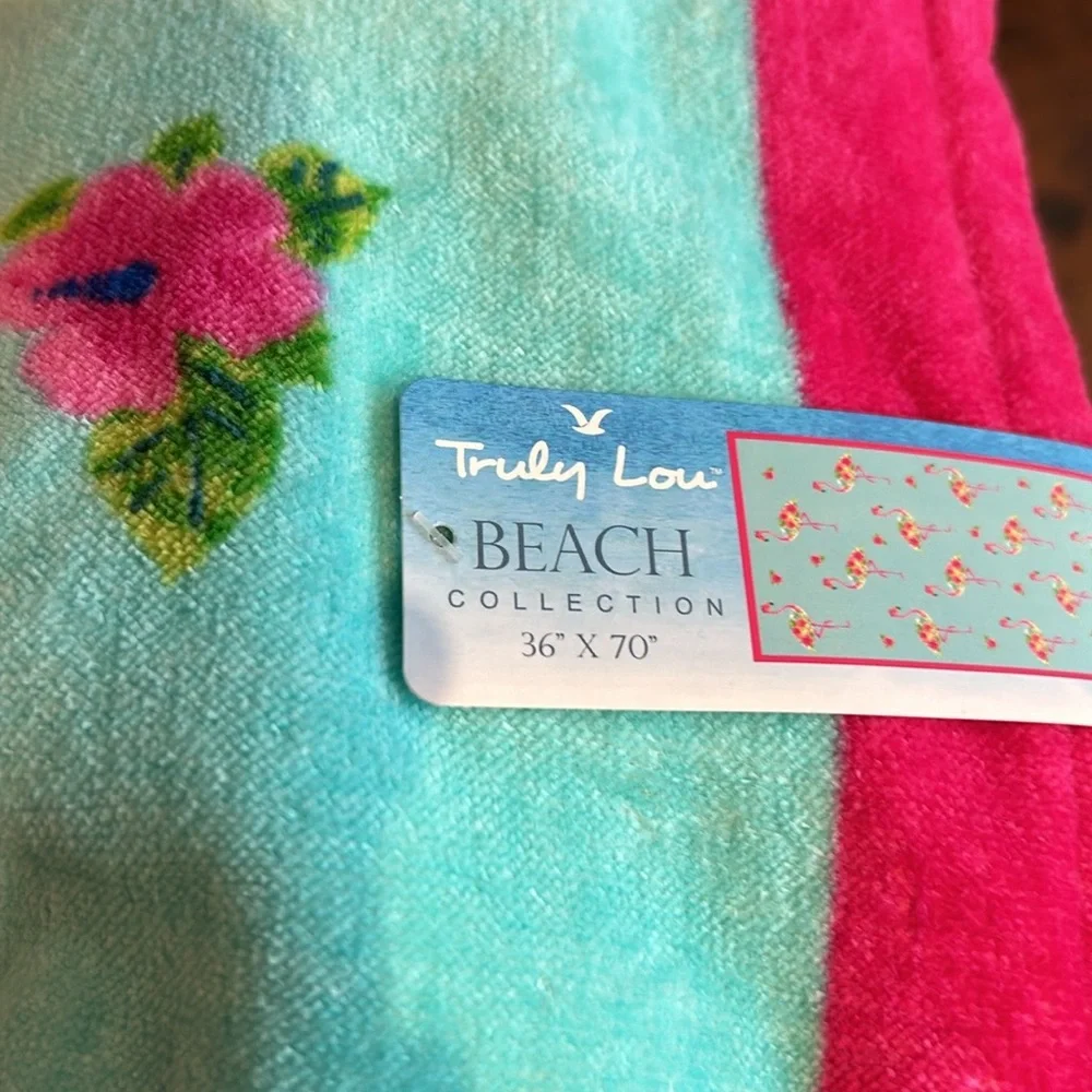 Truly Lou Beach Towel Cotton Flamingos Floral 36”x70” New